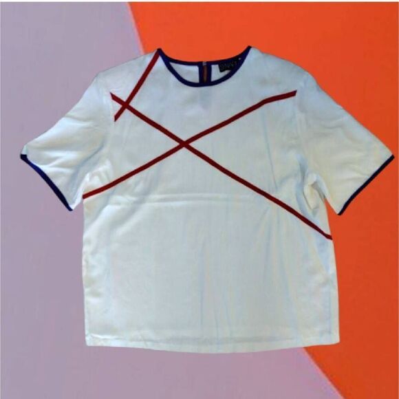 VTG 80s USA White Colorful Abstract Trim Rayon Blouse Plussize 2XL - Picture 1 of 13